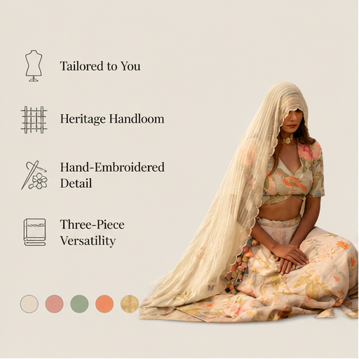 Ivory Banarasi Salwar Suit | Unstitched Silk Three-Piece Set - Hand-Embroidered Zari Floral Suit for Women features