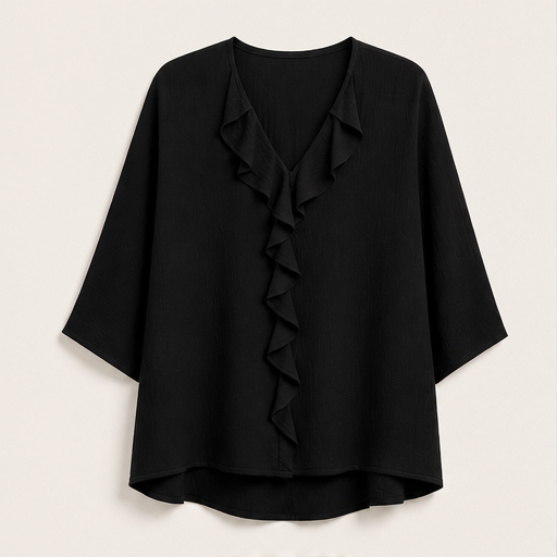 Black Ruffle V-Neck Blouse | Relaxed Fit Top for Women - Textured Three-Quarter Sleeve detail