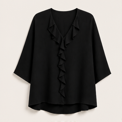 Black Ruffle V-Neck Blouse | Relaxed Fit Top for Women - Textured Three-Quarter Sleeve detail