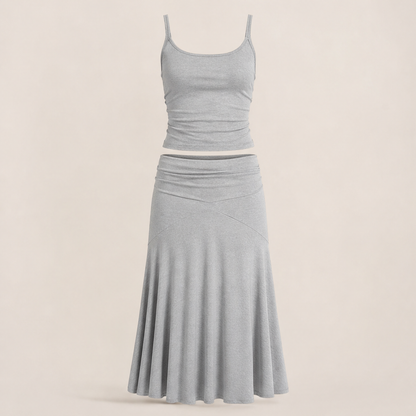 Grey Cami & Flared Midi Skirt Set | Two-Piece Matching Set - Ribbed Cami Top with Flowy Skirt Grey