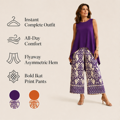 Purple Sleeveless Top & Wide Leg Trouser Set | Ikat Print Two-Piece Outfit for Women features