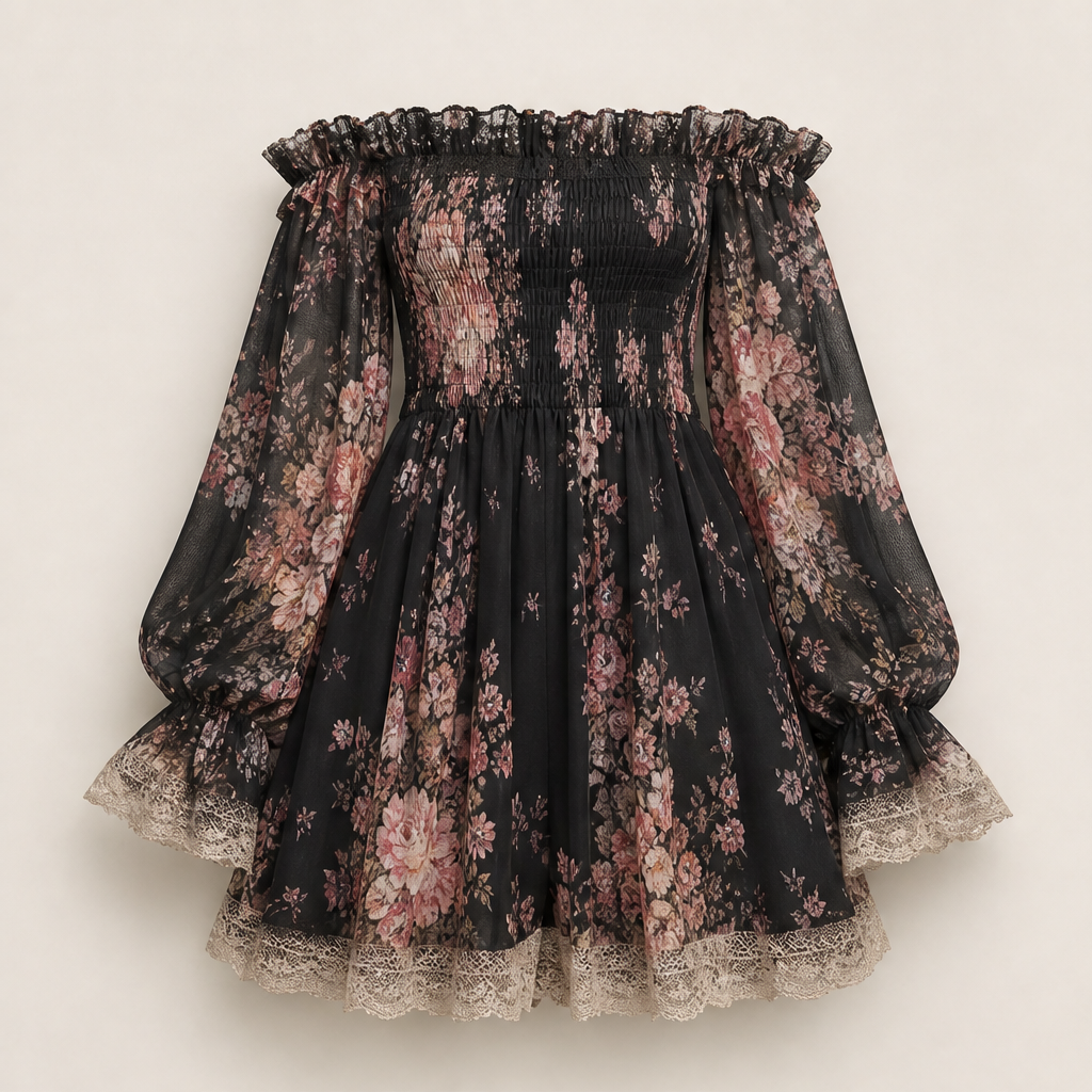 Rosalind Women's Off-Shoulder Floral Chiffon Mini Dress with Ruched Bodice - Lace Trim Boho Smocked Sundress Black Floral