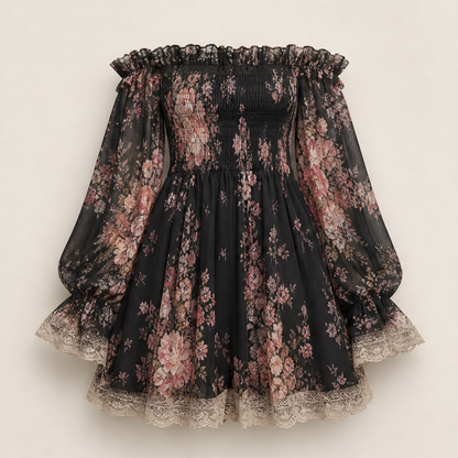 Rosalind Women's Off-Shoulder Floral Chiffon Mini Dress with Ruched Bodice - Lace Trim Boho Smocked Sundress Black Floral