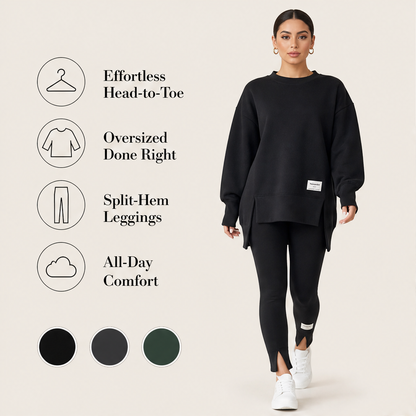 Black Sweatshirt Leggings Set | Oversized Casual Two-Piece Loungewear - Split Hem features