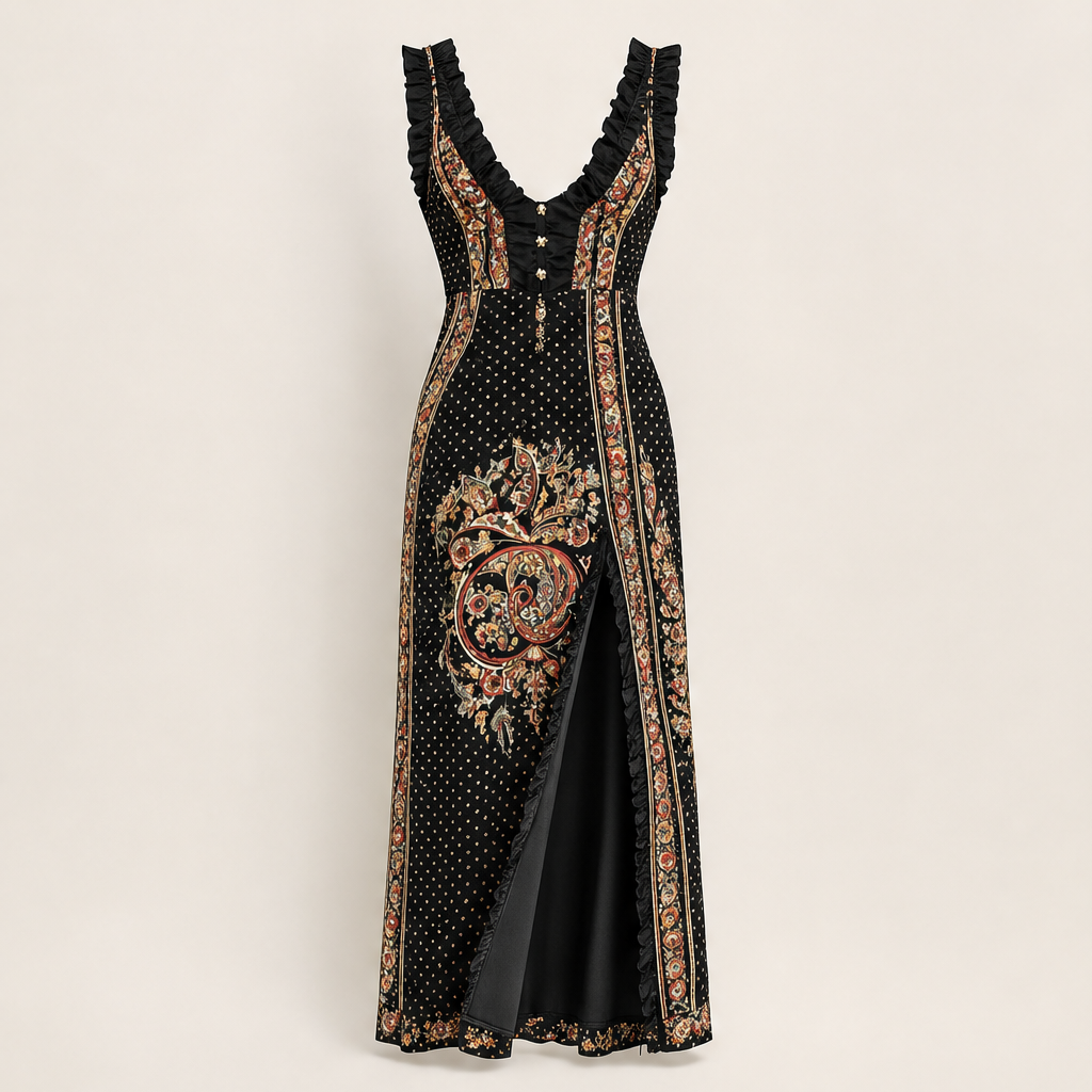 Black Paisley Print Maxi Dress | Bohemian Deep V-Neck Dress with High Slit - Sleeveless Ruffle Strap Black