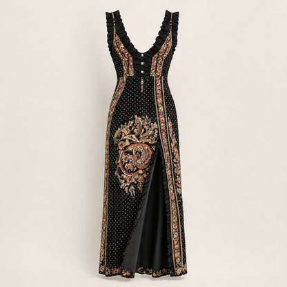 Black Paisley Print Maxi Dress | Bohemian Deep V-Neck Dress with High Slit - Sleeveless Ruffle Strap Black