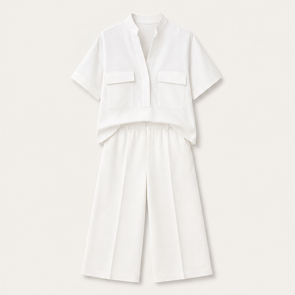 Aveline Women's Tailored Two-Piece Co-ord Set - Wide-Leg Trousers & Short-Sleeve Top Loose Fit Solid Colour Suit White