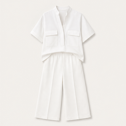 Aveline Women's Tailored Two-Piece Co-ord Set - Wide-Leg Trousers & Short-Sleeve Top Loose Fit Solid Colour Suit White