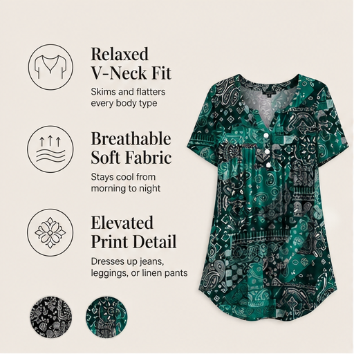 Black Paisley Print V-Neck Top | Casual Short Sleeve Blouse for Women - Relaxed Fit Henley Tunic features