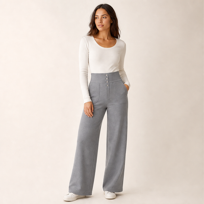Black High Waist Stretch Trousers | Casual Wide Leg Pants for Women - Elasticated Drawstring Waist features