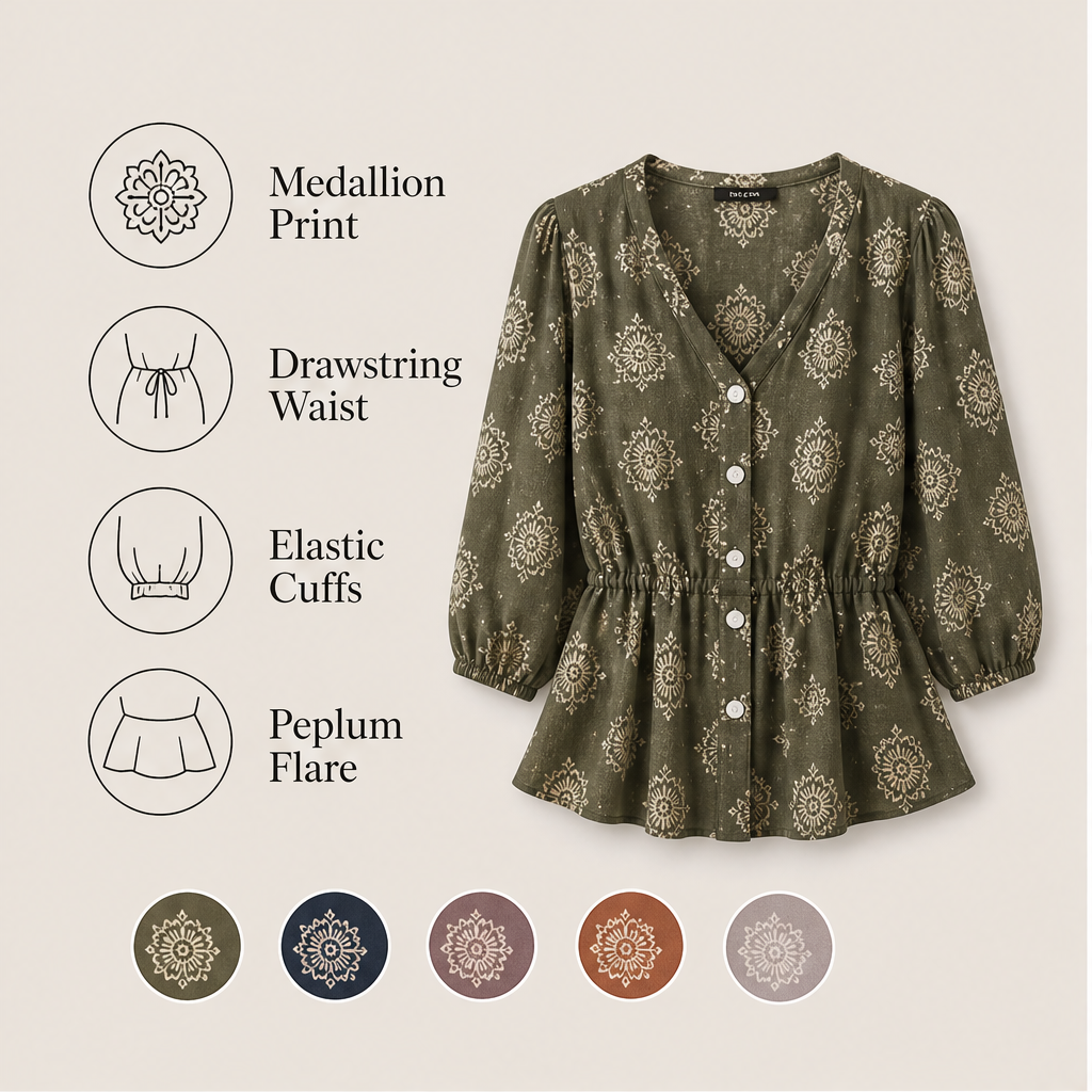 Khaki Green Floral Peplum Blouse | Boho V-Neck Button-Down Top - Puff Sleeve Tie Neck features