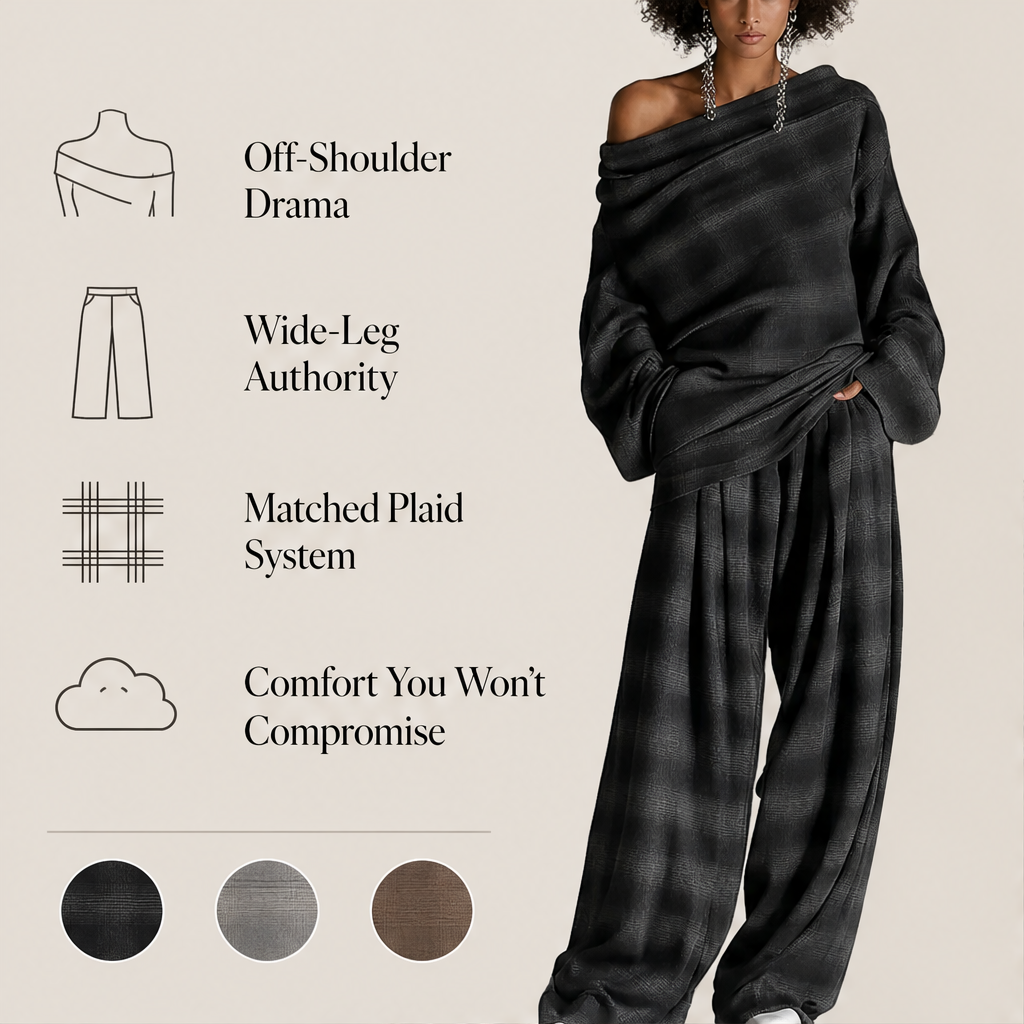 Grey Plaid Off Shoulder Top and Pants Set | Loose Two Piece Outfit - Wide Leg Trousers features