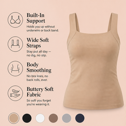 Aveline Women's Built-In Bra Square Neck Tank Top - Wire-Free Shaping Camisole with Comfort Support features