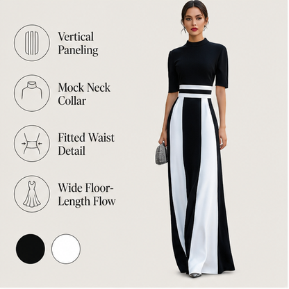 Black White Striped Maxi Dress | Mock Neck Formal Gown - Short Sleeve Colour Block Evening Dress features