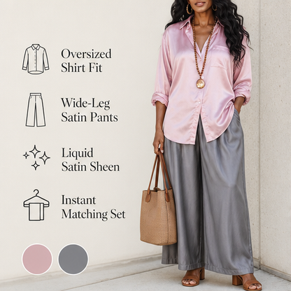 Pink Satin Oversized Shirt Set | Two-Piece Matching Set - Wide Leg Trousers features