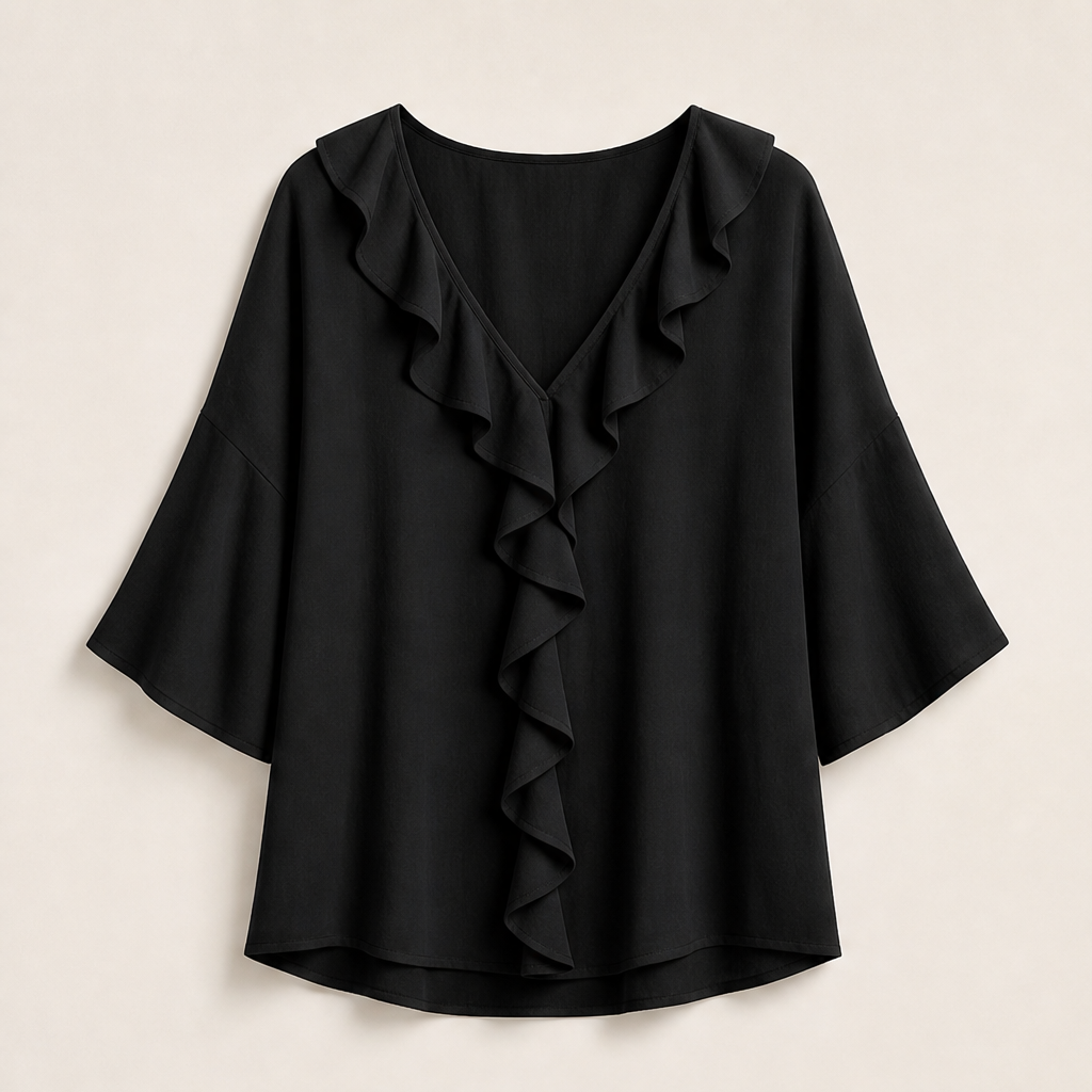 White Ruffle V-Neck Blouse | Elegant Linen-Look Top for Women - Flared Sleeve Tunic Black