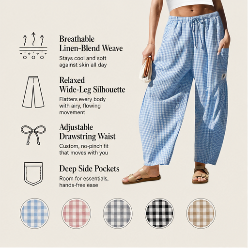 Blue Gingham Wide Leg Trousers | Women's Linen-Blend Plaid Trousers - Drawstring Waist with Pockets features