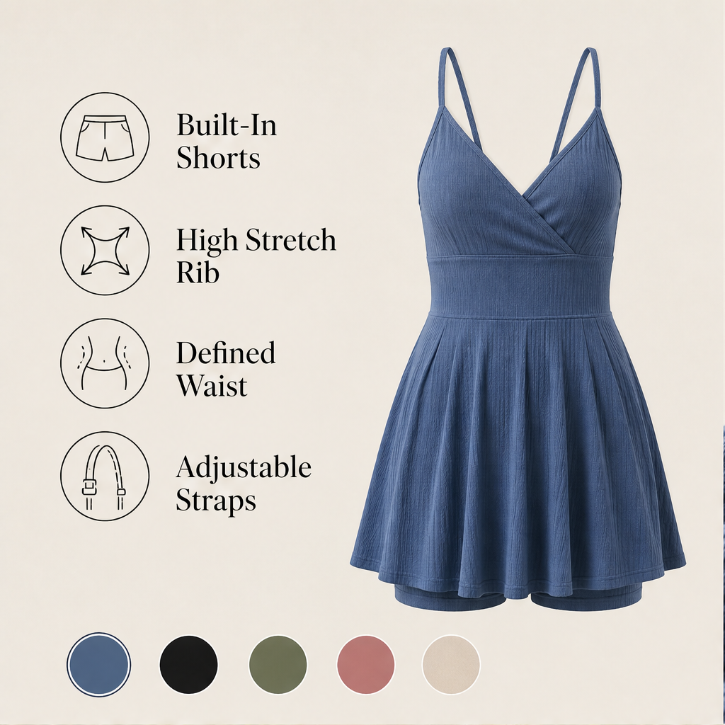 Blue Ribbed V-Neck Romper | Fitted Playsuit with Built-In Skirt - Wrap Front Summer Romper for Women features