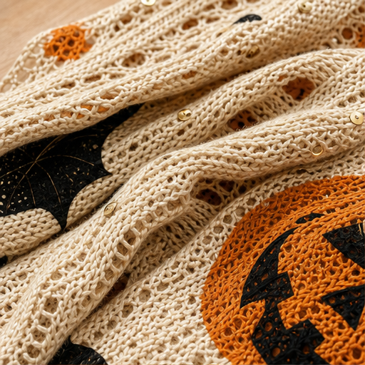 Black Pumpkin Print Sweater | Halloween Crochet Cutout Knit Top - Oversized Long Sleeve for Women detail