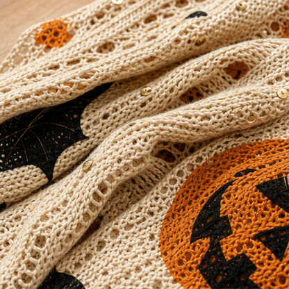 Black Pumpkin Print Sweater | Halloween Crochet Cutout Knit Top - Oversized Long Sleeve for Women detail