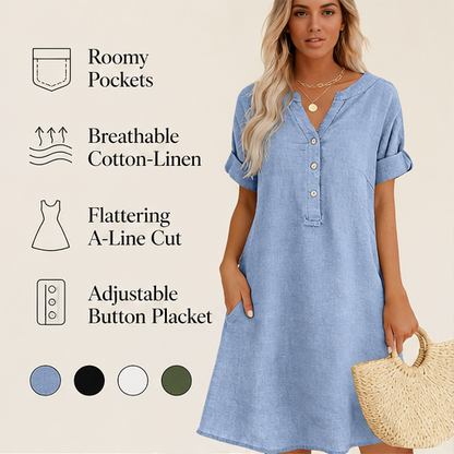 Blue V-Neck A-Line Dress | Cotton-Linen Midi with Pockets - Button Placket, Roll-Sleeve features