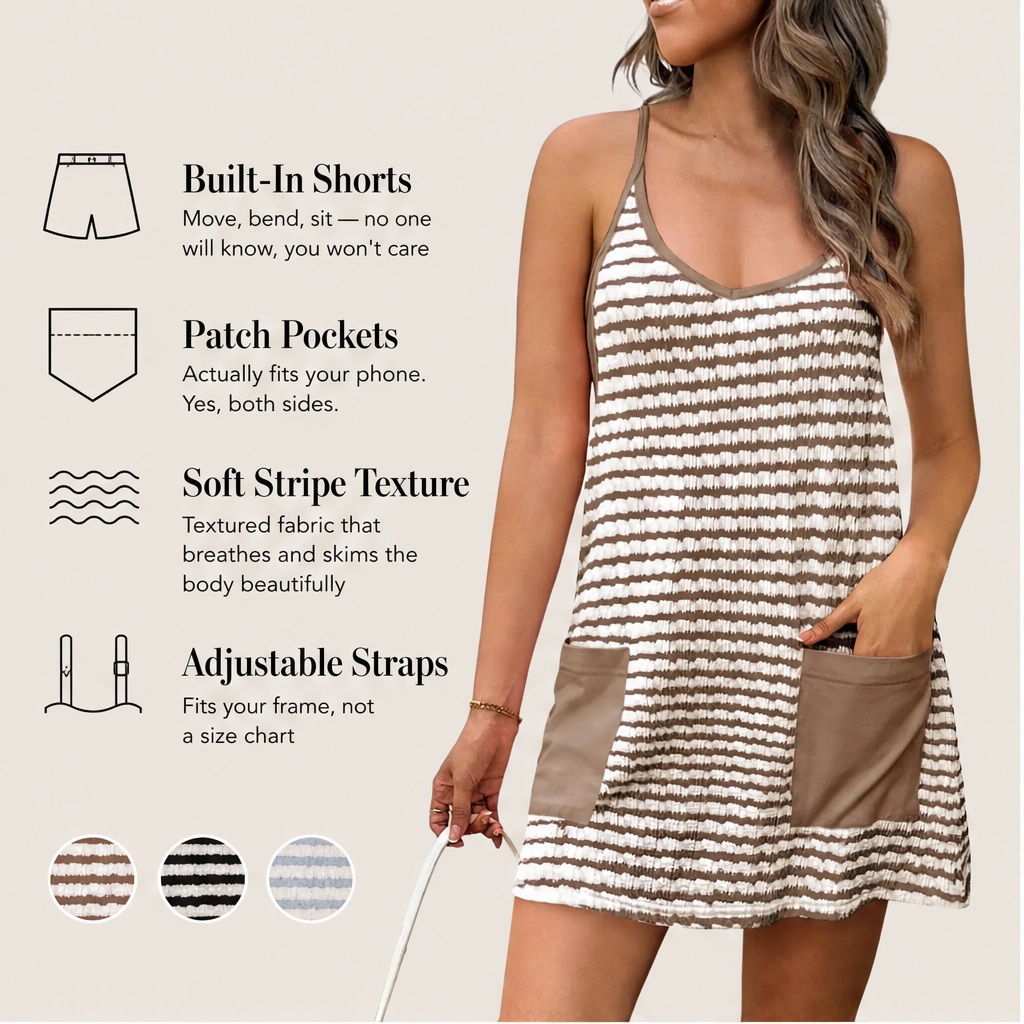 Brown Stripe Mini Romper Dress | Built-In Shorts Sundress - Textured Cami Style with Pockets features