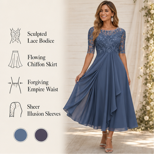 Slate Blue Embroidered Midi Dress | Scoop Neck Occasion Dress - Lace Bodice with Flowy Chiffon Skirt features