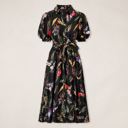 Pink Floral Belted Midi Shirt Dress | Puff Sleeve Botanical Print - Collared Tea Dress with Tie Waist Black Floral