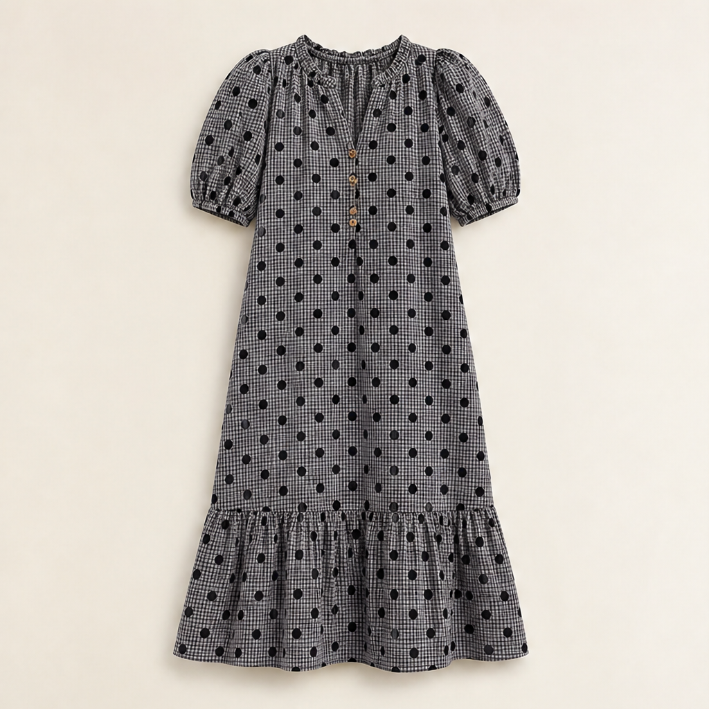 Pink Polka Dot Midi Dress | Puff Sleeve Gingham Tiered Dress - V-Neck Button Front Black
