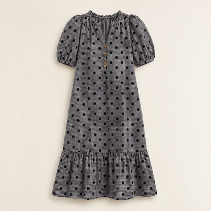 Pink Polka Dot Midi Dress | Puff Sleeve Gingham Tiered Dress - V-Neck Button Front Black