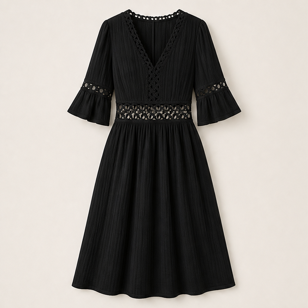 White V-Neck Midi Dress | Lace Cutout Textured Cotton Dress - Flutter Sleeve Black