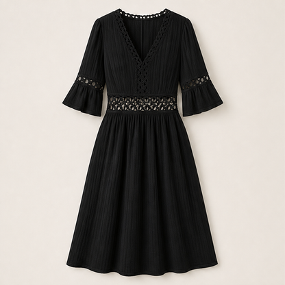 White V-Neck Midi Dress | Lace Cutout Textured Cotton Dress - Flutter Sleeve Black