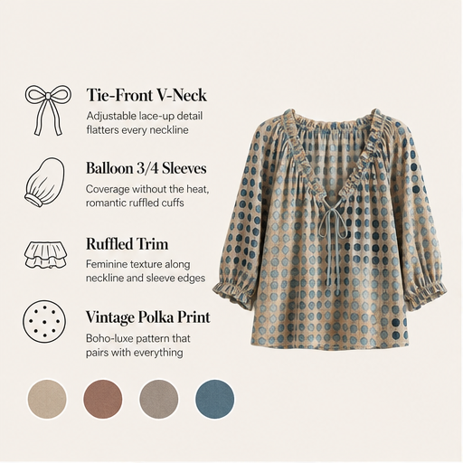 Beige Print Polka Dot Blouse | Lace-Up V-Neck Top - 3/4 Sleeve Boho Style features