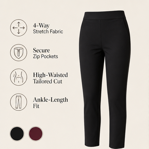 Black High-Waisted Ankle Trousers | Fitted Zip-Pocket Stretch Trousers for Women features