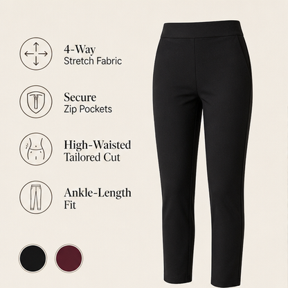 Black High-Waisted Ankle Trousers | Fitted Zip-Pocket Stretch Trousers for Women features
