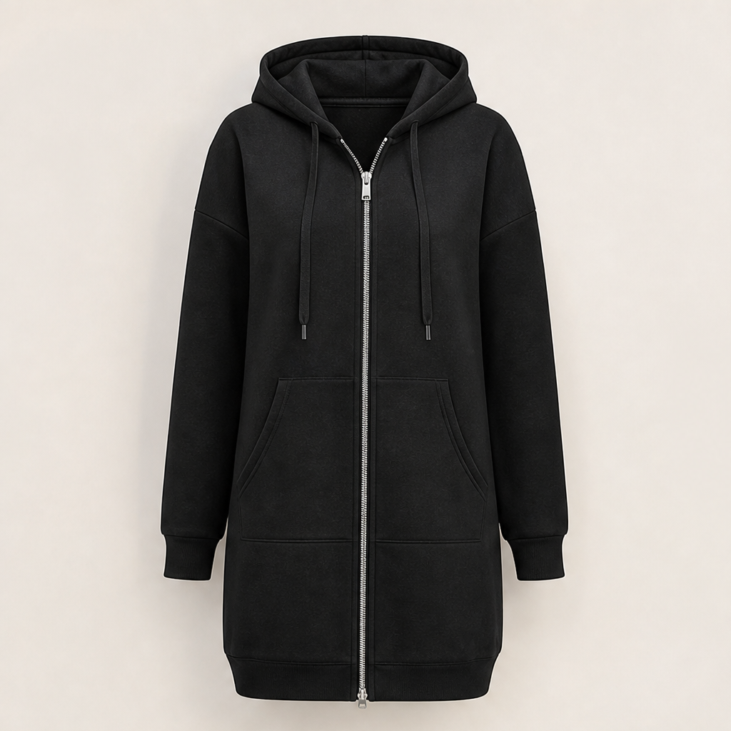 Black Longline Zip-Up Hoodie | Fleece-Lined Long Hooded Sweatshirt for Women - with Pockets Black