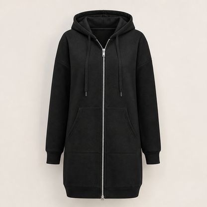 Black Longline Zip-Up Hoodie | Fleece-Lined Long Hooded Sweatshirt for Women - with Pockets Black