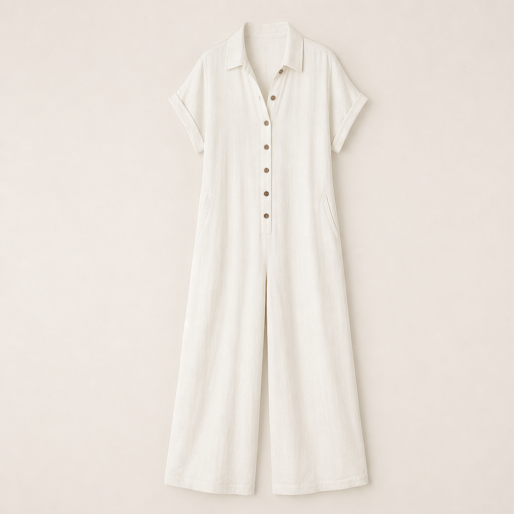 Marielle Women's Casual Wide-Leg Button-Front Linen-Look Jumpsuit - Short Sleeve Collared Loose Fit Jumpsuit Ivory