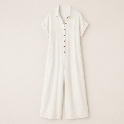 Marielle Women's Casual Wide-Leg Button-Front Linen-Look Jumpsuit - Short Sleeve Collared Loose Fit Jumpsuit Ivory