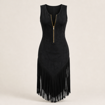 Black Fringe Western Dress | Retro Sleeveless Bodycon Midi - Zip Front with Tassel Hem Black