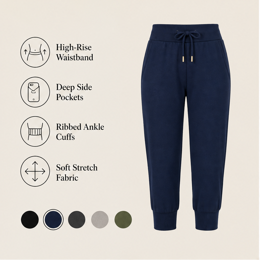 Navy Cropped Jogging Pants | Capri-Length Joggers with Pockets - Elastic Cuffs & Drawstring Waist features
