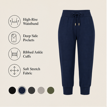 Navy Cropped Jogging Pants | Capri-Length Joggers with Pockets - Elastic Cuffs & Drawstring Waist features