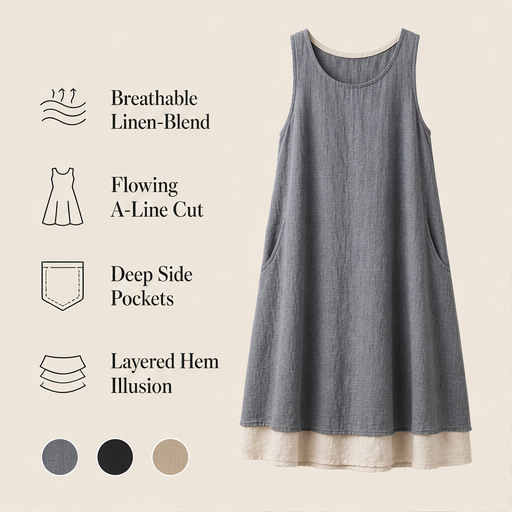 Grey Layered Hem Swing Dress | Sleeveless Linen-Blend Mock Two-Piece - A-Line with Pockets features