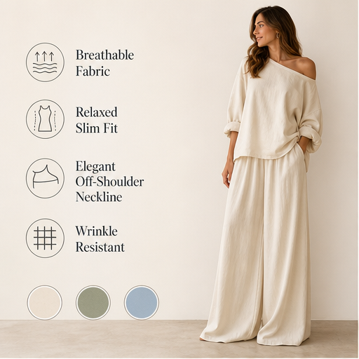 Ivory Off-Shoulder Wide Leg Set | Two-Piece Linen-Look Top & Trousers - Matching Set for Women features