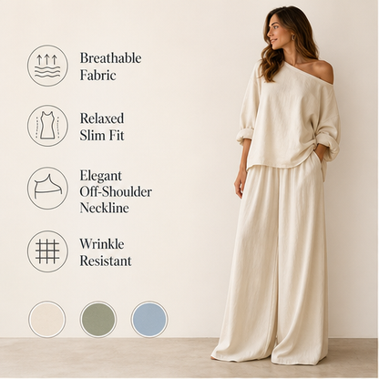 Ivory Off-Shoulder Wide Leg Set | Two-Piece Linen-Look Top & Trousers - Matching Set for Women features