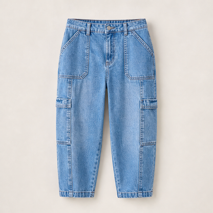 Light Blue Denim Cropped Jeans | Stretchy Cargo Capri Trousers for Women - Cropped Length Light Blue Denim