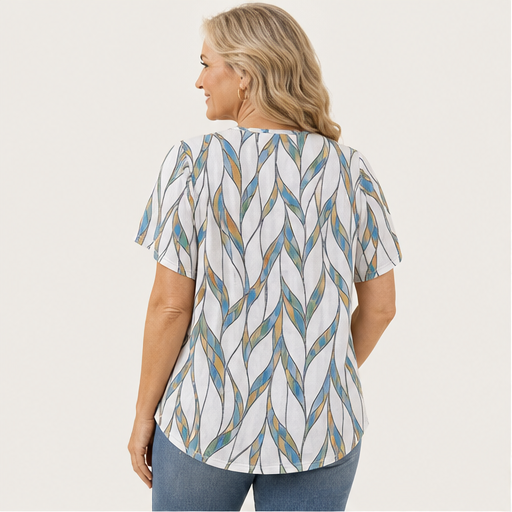 White Printed V-Neck T-Shirt | Pleated Short Sleeve Top for Women - Loose Fit Tunic Blouse detail