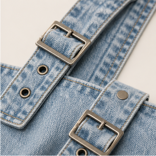 Light Blue Denim Off-Shoulder Top | Women's Buckle Strap Blouse - Long Sleeve Cropped Style detail
