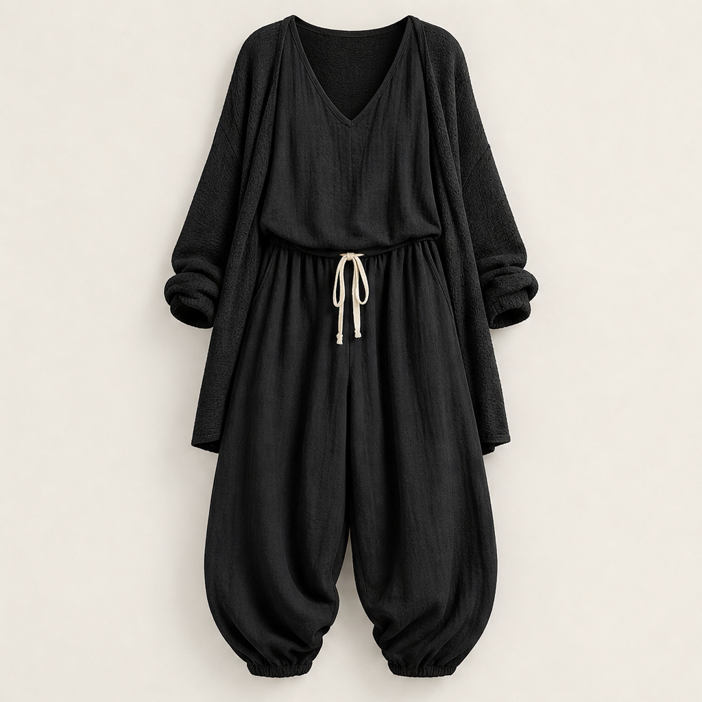 Green Three-Piece Harem Trouser Set | Tank Top, Cardigan & Wide-Leg Pants - Women's Knit Loungewear Black