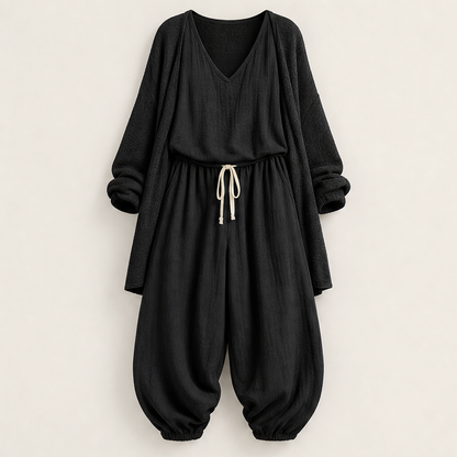 Green Three-Piece Harem Trouser Set | Tank Top, Cardigan & Wide-Leg Pants - Women's Knit Loungewear Black
